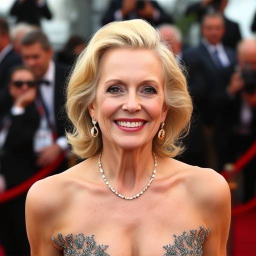 Catherine Deneuve souriant sur le tapis rouge du Festival de Cannes, entourée de photographes.