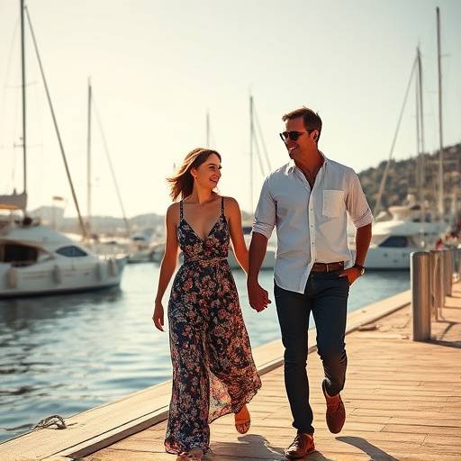 Marion Cotillard et Guillaume Canet marchant main dans la main sur le port de Saint-Tropez, souriant au soleil.